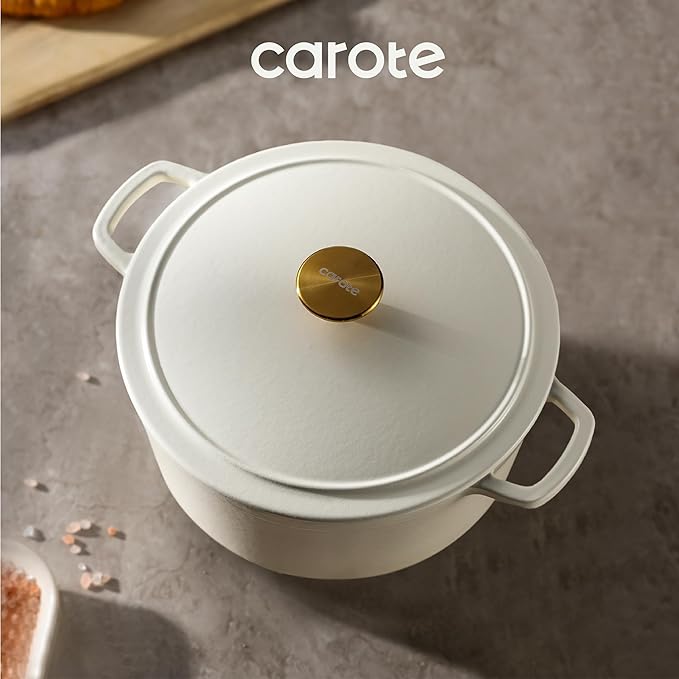 CAROTE Cast Iron Dutch Oven Pot with Lid, Enameled Dutch Oven for Sourdough Bread Baking, Dual Handles, Heavy-Duty Cast Iron Pot, 5QT, Cream White