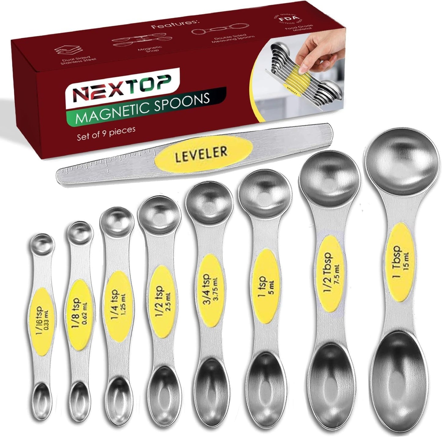 Magnetic Measuring Spoons Set of 9 Stainless Steel Dual-Sided Stackable Measuring Spoon Nesting Teaspoons Measuring Dry and Liquid Ingredients, Fits in Spice Jars Set of 9 (Yellow)