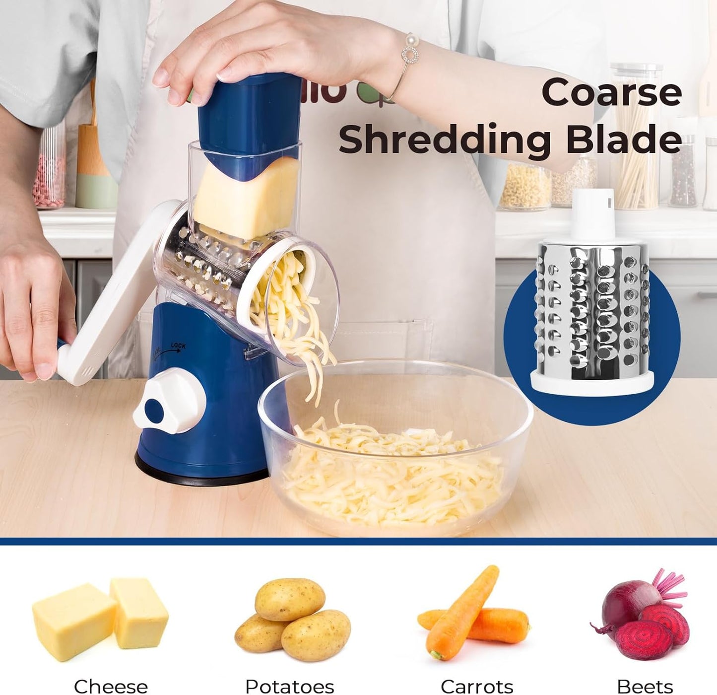 X Home Rotary Cheese Grater for Kitchen, Shredder with 3 Interchangeable Blades, Rotary Grater with Handle and Strong Suction Base, for Vegetables, Fruit, Nuts, Easy to Use and Clean, Dark Blue
