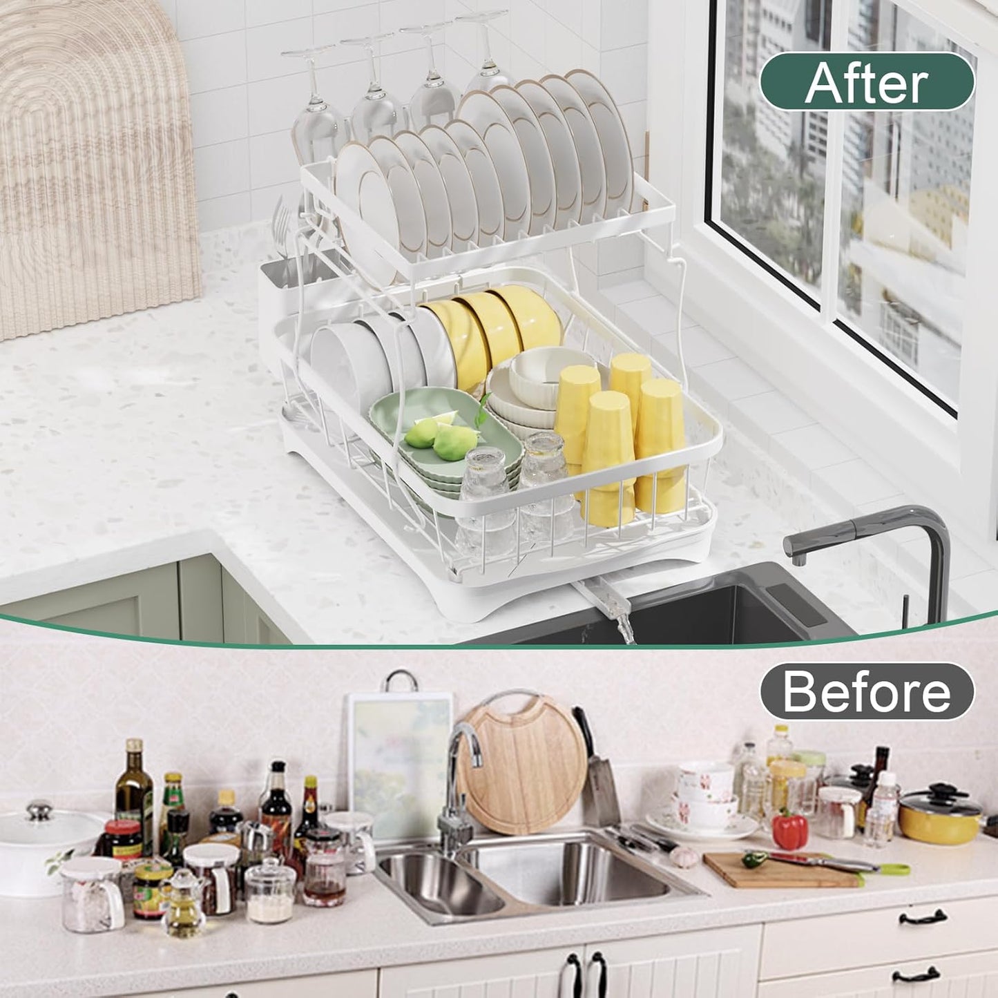 LIYI Dish Drying Rack,Large Dish Rack for Kitchen Counter,2-Tier Dish Racks with draining Tray,Detachable Capacity Dish Drainer Organizer,White