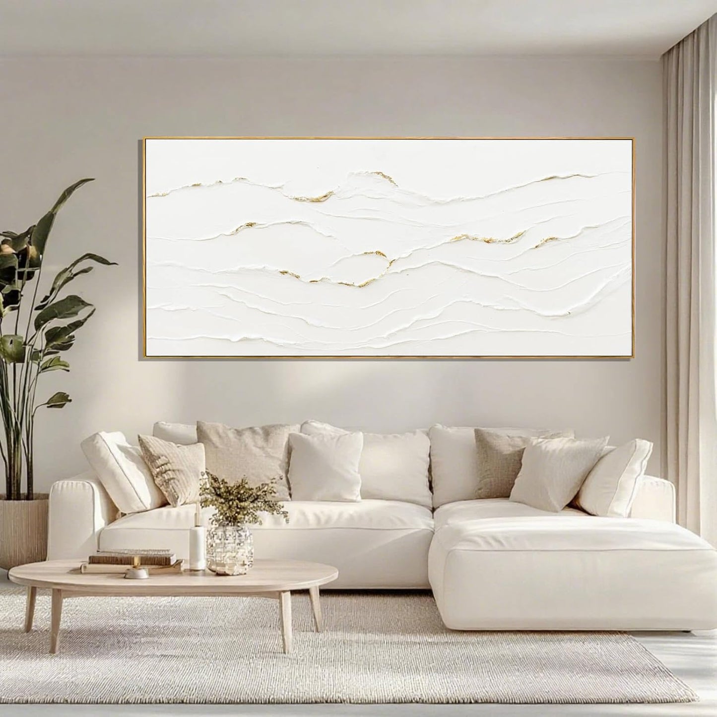 MLART99 White and Gold Wall Decor Textured With Frame Canvas Abstract Minimalist Wall Art - 32x70 Inch Extra Large Contemporary Artwork for Living Room Entryway Home Decoration