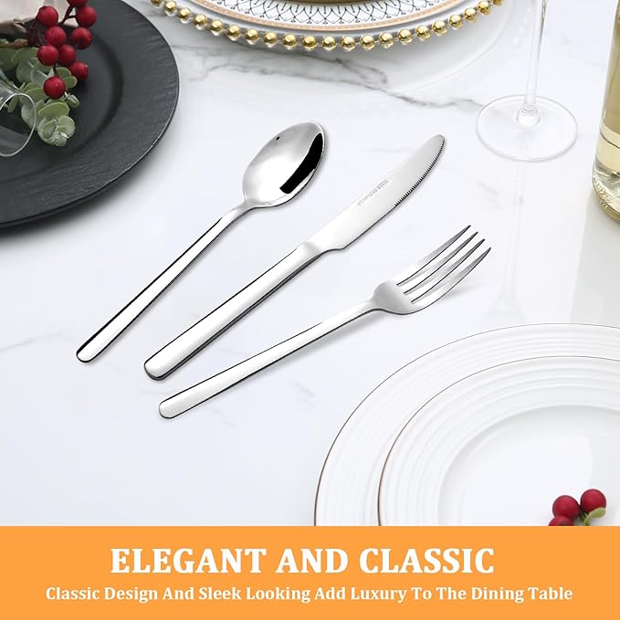 KOOMADE-Reverie 24 Piece Flatware Set Silverware Stainless Steel Flatware Utensils Cutlery Set Including Steak Knife Fork and Spoon for Home, Kitchen and Restaurant, Dishwasher Safe