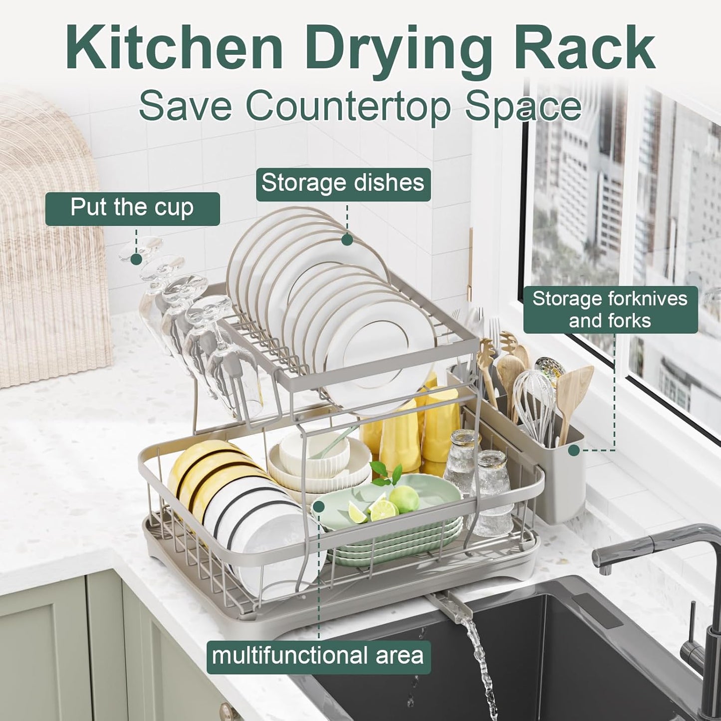 LIYI Dish Drying Rack,Large Dish Rack for Kitchen Counter,2-Tier Dish Racks with draining Tray,Detachable Capacity Dish Drainer Organizer,Grey