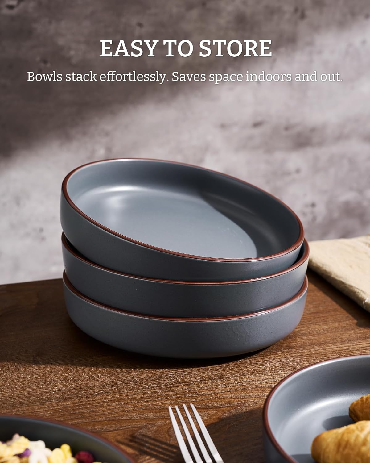 famiware Mercury Pasta Bowls Set of 4, 33 oz Large Salad Bowls, Ceramic Pasta Plates Bowls, Serving Bowls for Kitchen, Microwave & Dishwasher Safe, Charcoal