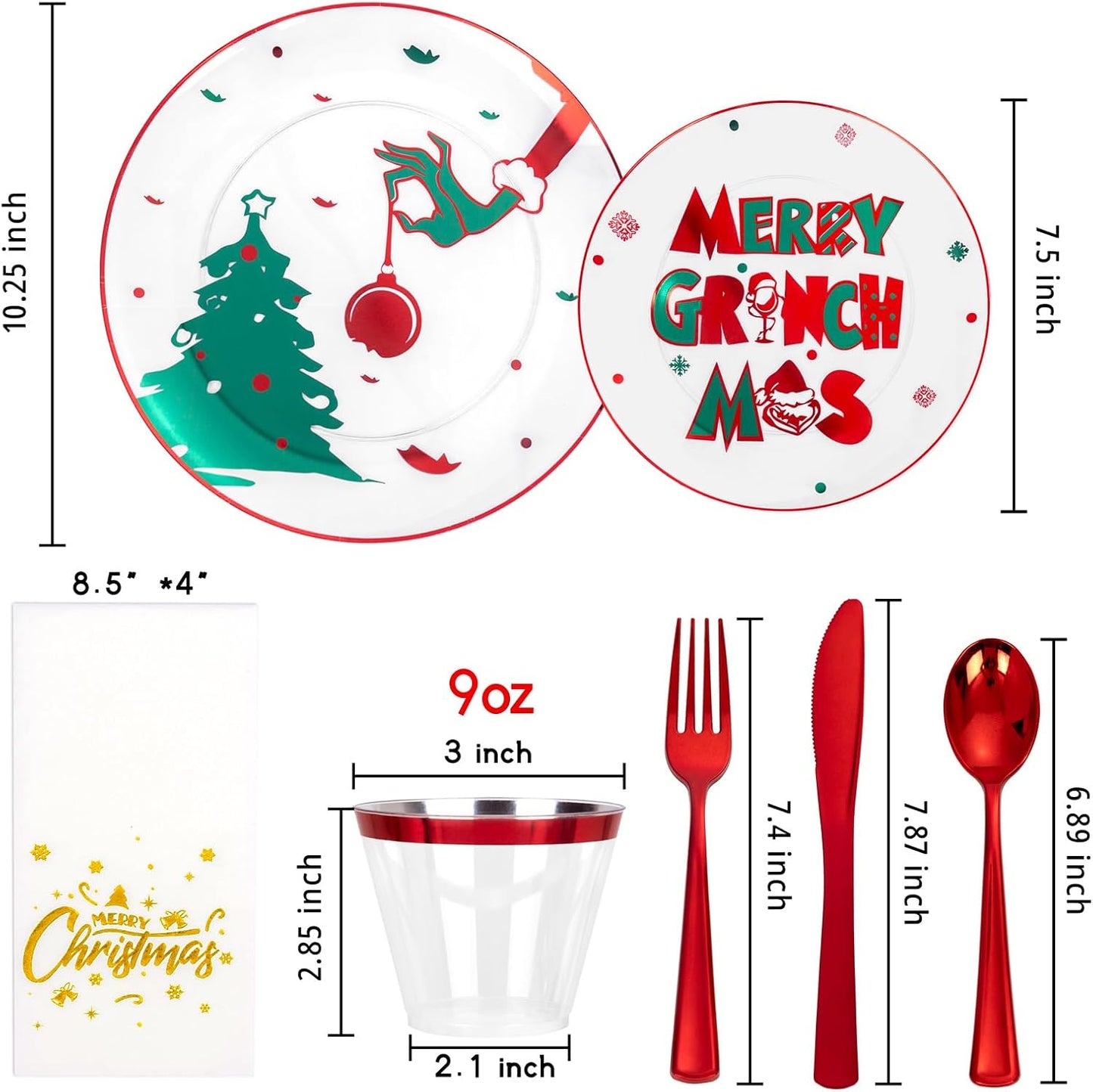 DaYammi 210Pcs Clear Green Monster Plastic Plates Disposable Christmas Dinnerware Set Include 30 Dinner Plates,30 Dessert Platos,30 Forks,30 Knives,30 Spoons,30 Cups,30 Napkins for Christmas Party