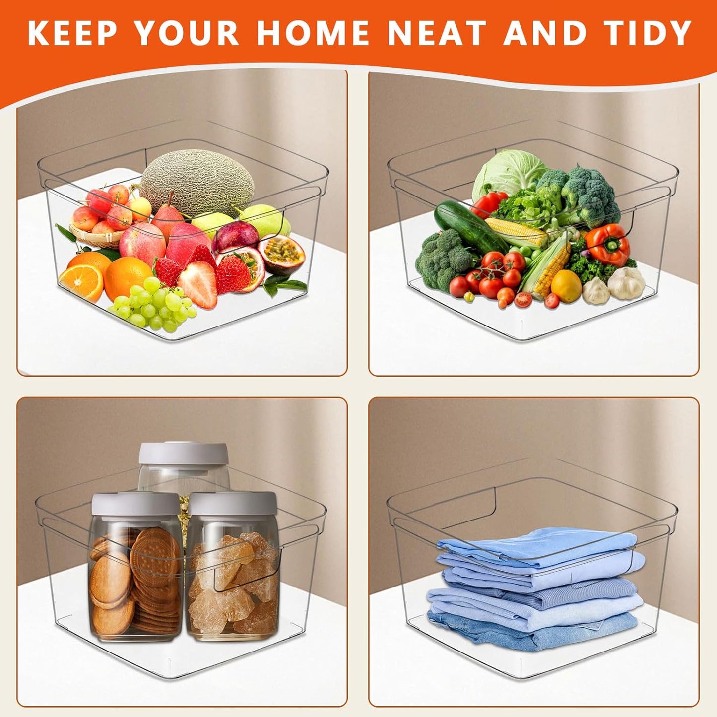 MOONEDGE 8-Pack Clear Plastic Storage Bins — Open-Top PET Containers and Organizers, 10" x 10" x 6" Storage Boxes for Pantry, Garage, Under-Shelf and Multi-Purpose Home Organization