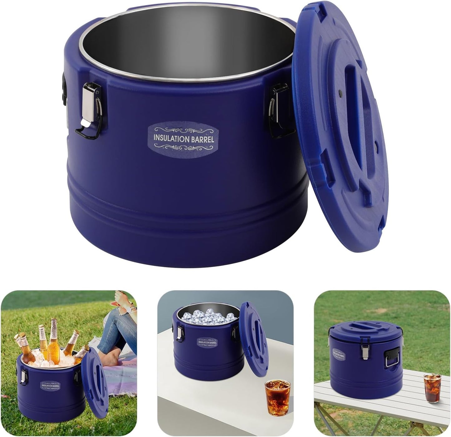 DYNAMI Large Insulated Food Container,8 Gallon Portable Commercial Food Warmer Insulated Soup Container Cold Hot Box for Catering,Stainless Steel Inner Liner, Sealed and Leak-proof (Navy Blue, 8 Gal)