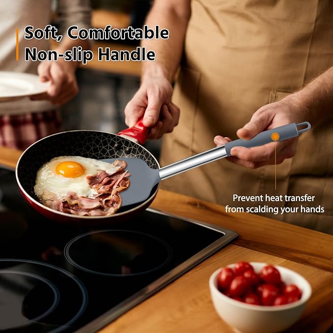 Silicone Spatula Set of 2, E-far Solid & Slotted Turner for Nonstick Cookware, Heat Resistant Rubber Kitchen Cooking Utensils for Flipping Fish Pancake Egg - Grey