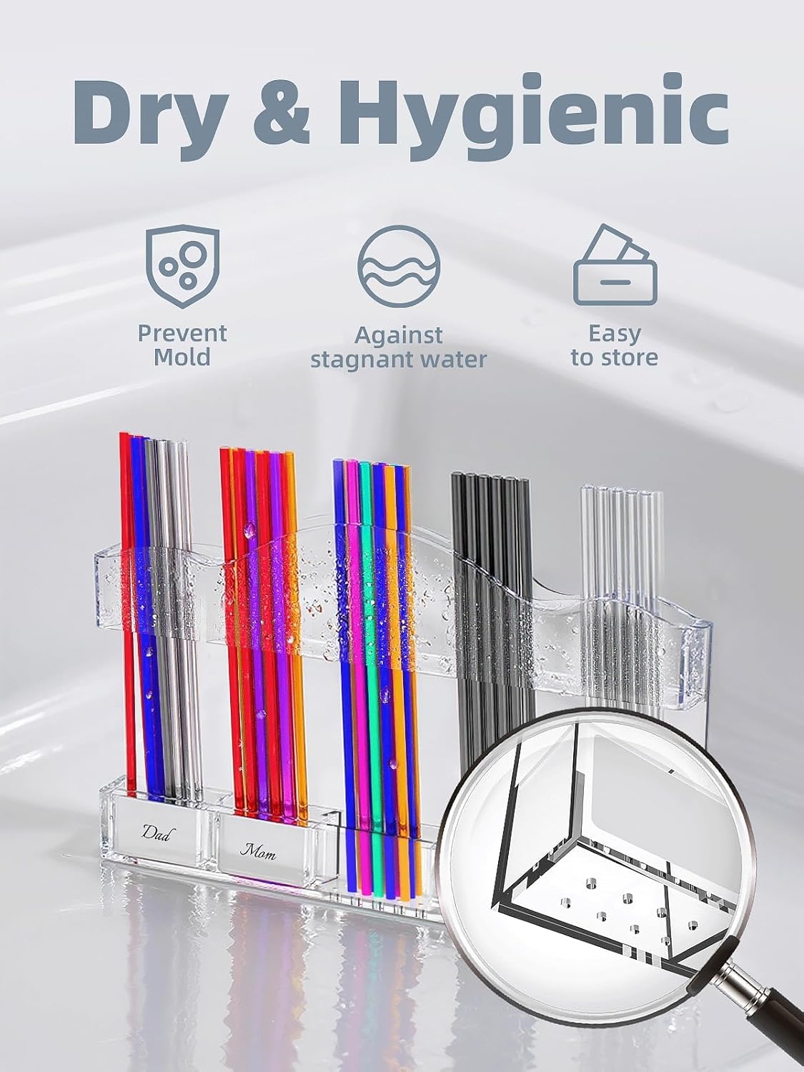 9.8" Acrylic Straw Holder for Cabinet Door - Straw Organizer with Ultra-Sticky Adhesive, Kitchen & RV Essensials, 5-Compartment Storage for Reusable Straws & Brushes, Colored Pencils, Markers