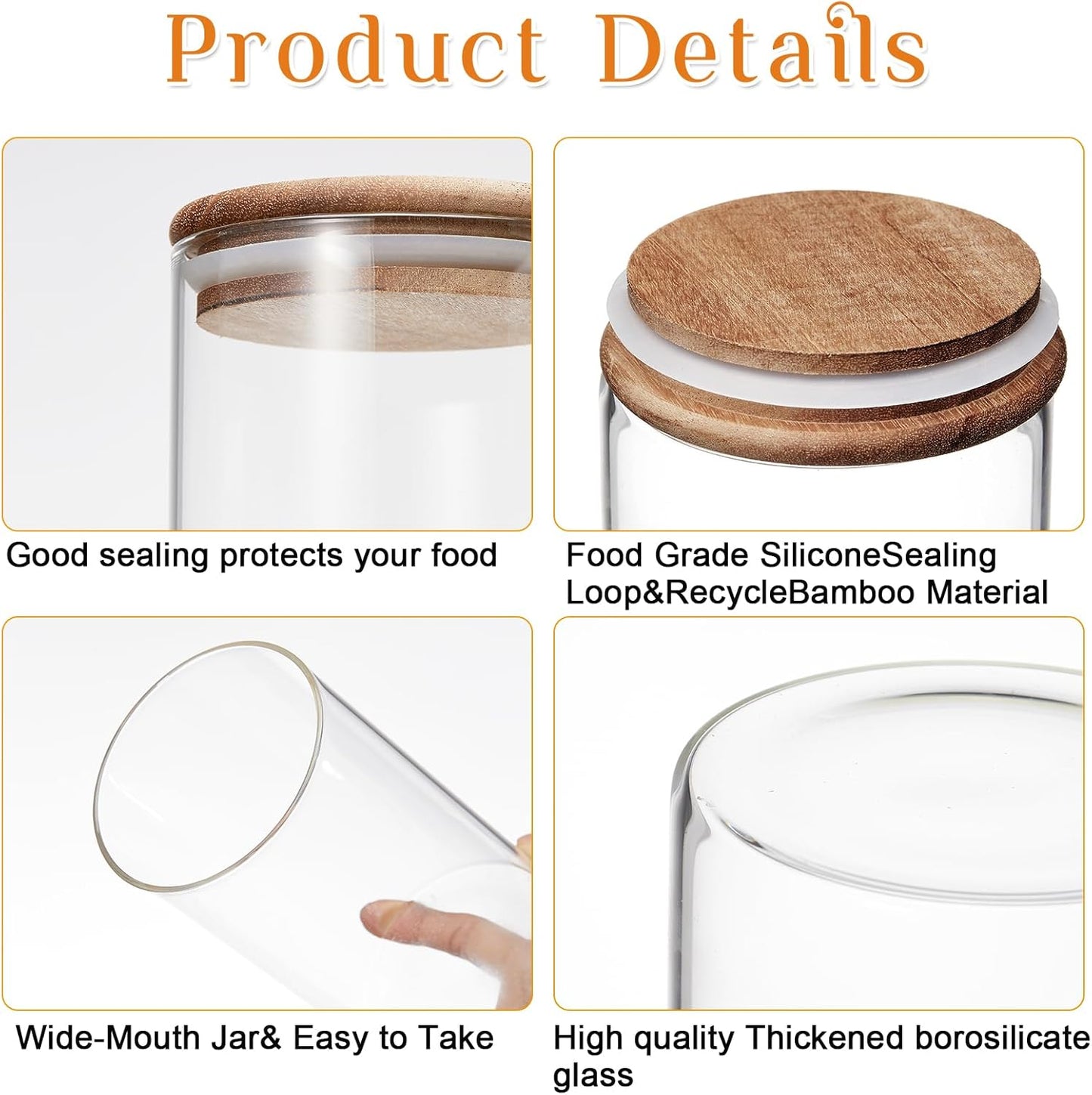 24 Pcs Glass Storage Jar with Acacia Wooden Lid, 4 Sizes Food Storage Container Clear Stackable Canister Airtight Glass Jar for Candy Cookie Rice Sugar Pasta 3.4''x4'', 6'', 7.9'', 9.8''