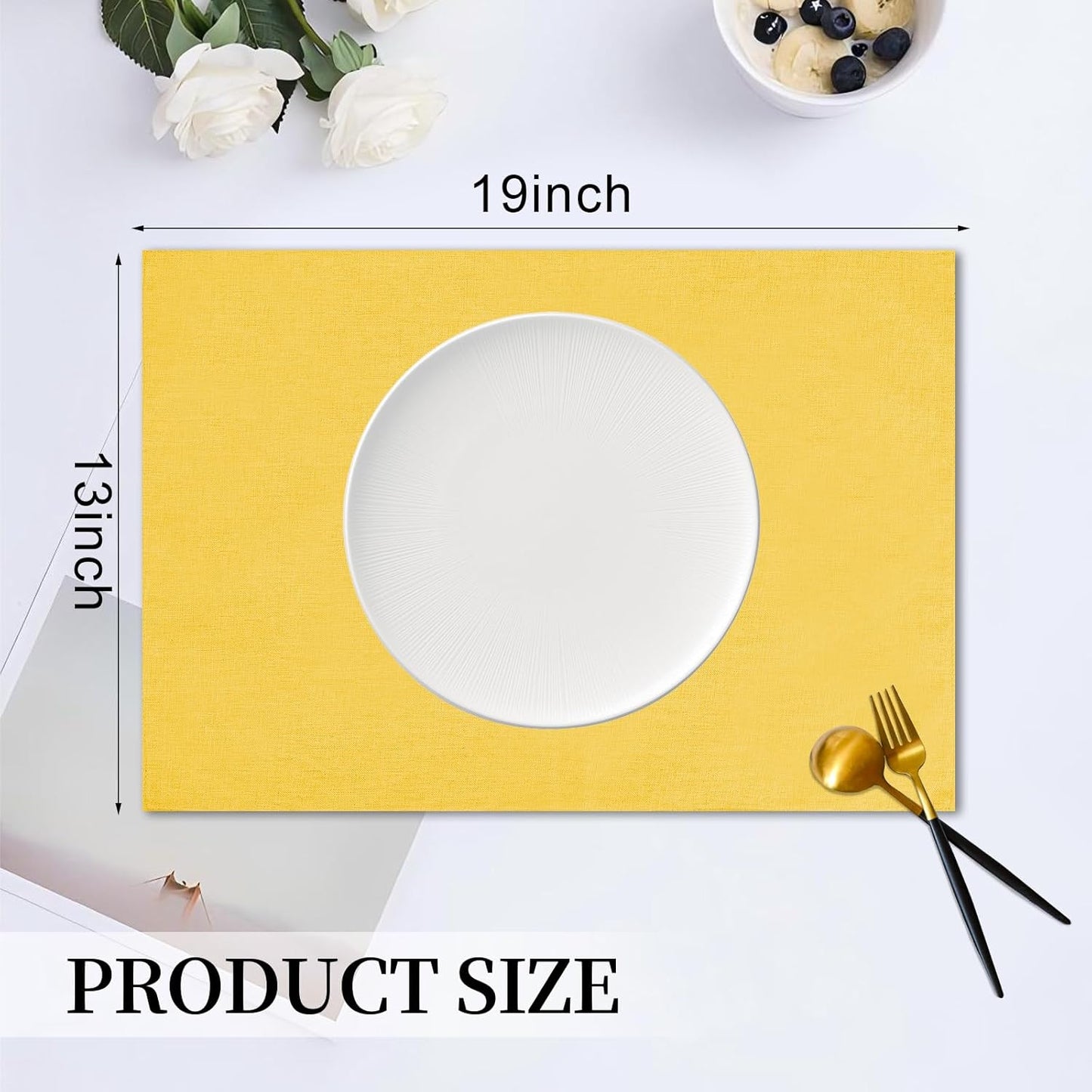 Placemats Set of 6 Linen Type Fabric Cloth Placemats, 19 x 13 Inch Double Layered Thick Wrinkle Free Heat Resistant Table Place, for Dining, Kitchen, Party (Yellow, 48 * 33cm)