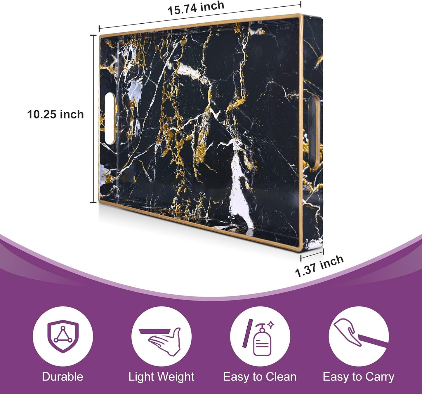 Gifturbo Black Serving Tray,Marble Decorative Serving Trays with Handles, Coffee Table Tray Ottoman Rectangular Plastic Trays with Gold Rim for Living Room, Bathroom，15.7 x 10.2 x1.37 inches