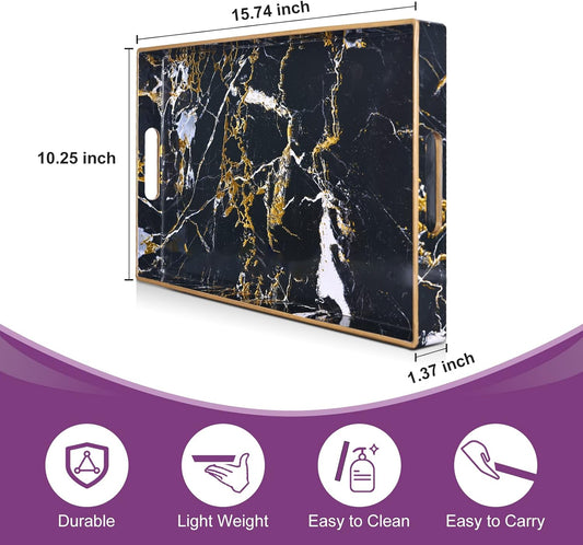 Gifturbo Black Serving Tray,Marble Decorative Serving Trays with Handles, Coffee Table Tray Ottoman Rectangular Plastic Trays with Gold Rim for Living Room, Bathroom，15.7 x 10.2 x1.37 inches