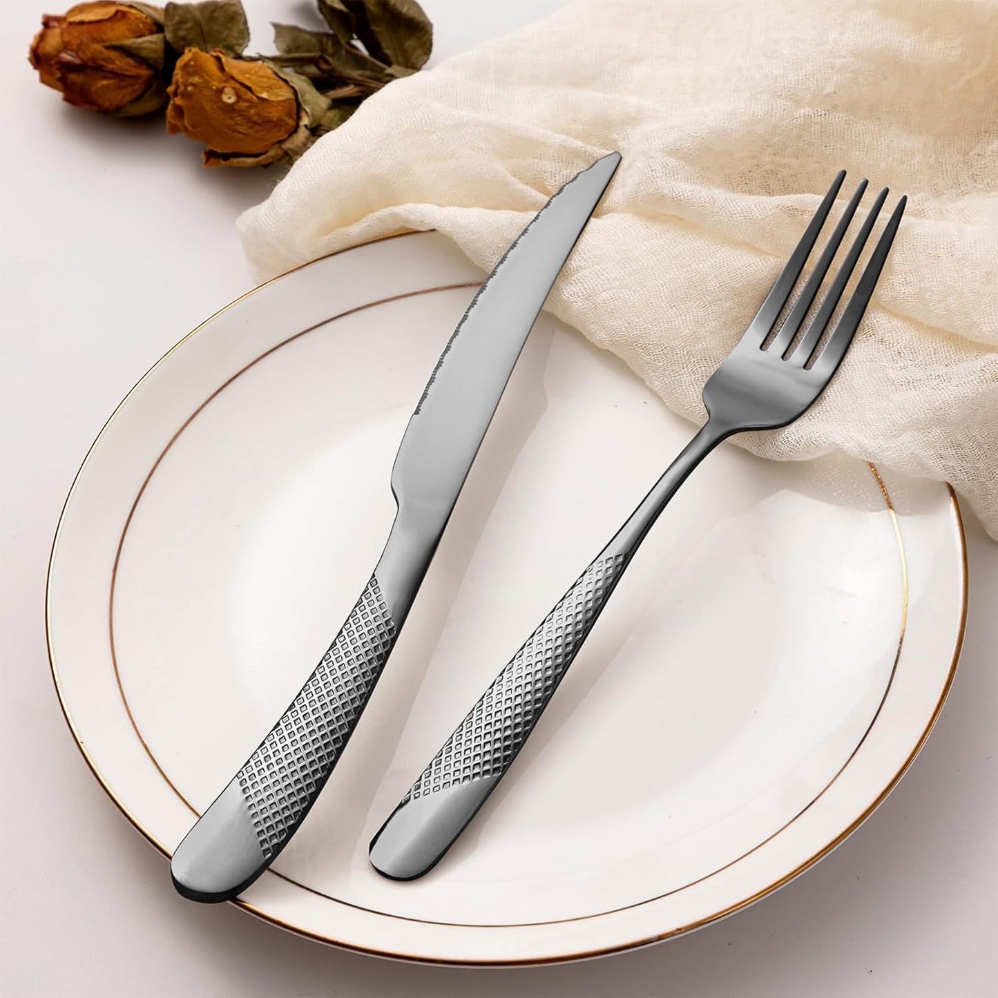 24-Piece Black Hammered Silverware Set, Food-Grade Stainless Steel Flatware Service for 6, Modern Cutlery Utensil Set with Forks Knives Spoons, Mirror Polished, Dishwasher Safe for Home Kitchen Dining