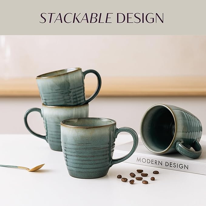 14 oz Coffee Mugs Set of 4, Ceramic Coffee Mugs with Handle – Reactive Glaze Stoneware Coffee Mug Set for Tea, Latte, Cappuccino, Cocoa, Hot Chocolate – Microwave & Dishwasher Safe - Blue