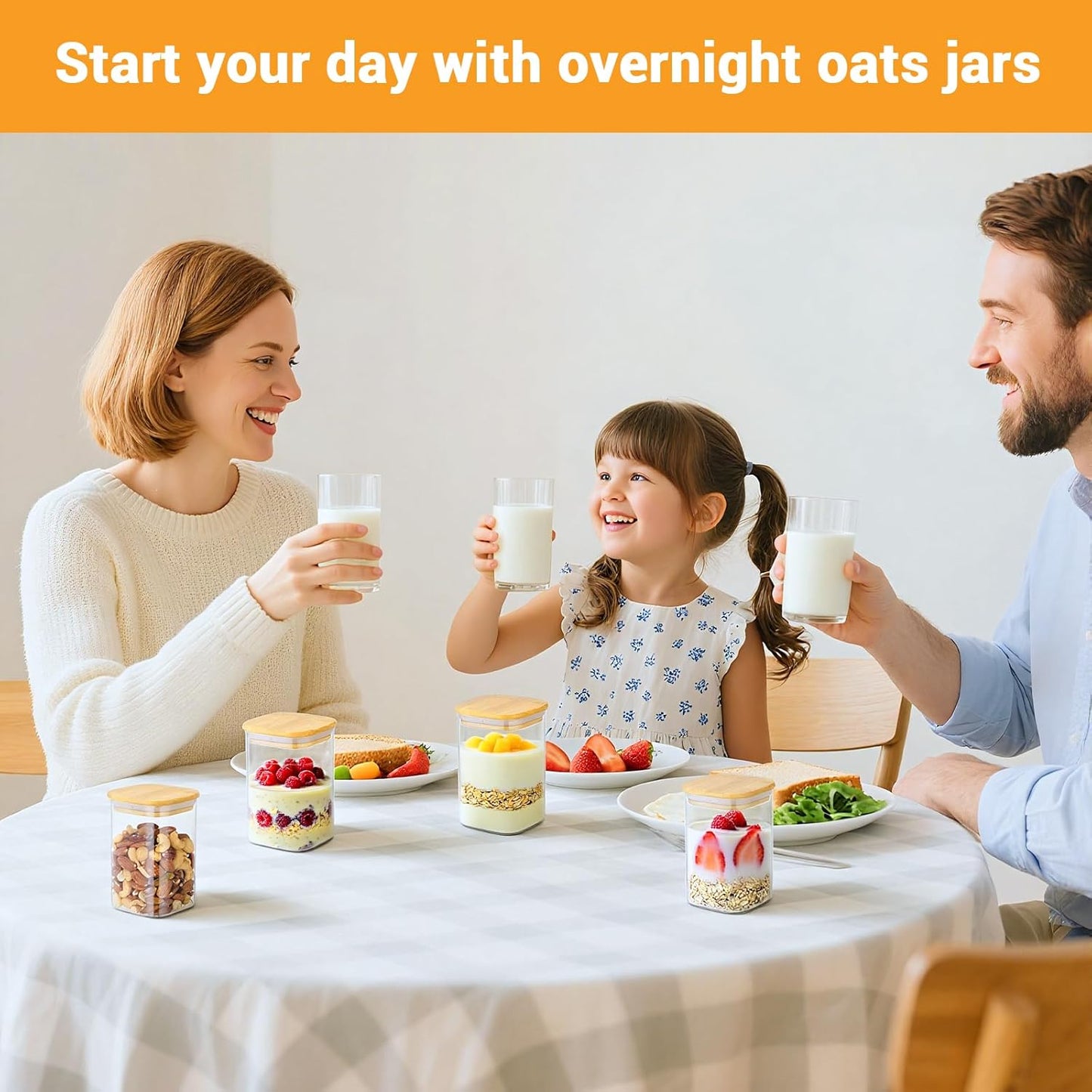 Glass Storage Jars with Lids, 19 Fl.oz Square Glass Jars with Bamboo Lids Set of 4, Clear Sugar Coffee Container Kitchen Canister for Tea, Candy, Flour,Nuts - Included Labels, Marker and Spoon