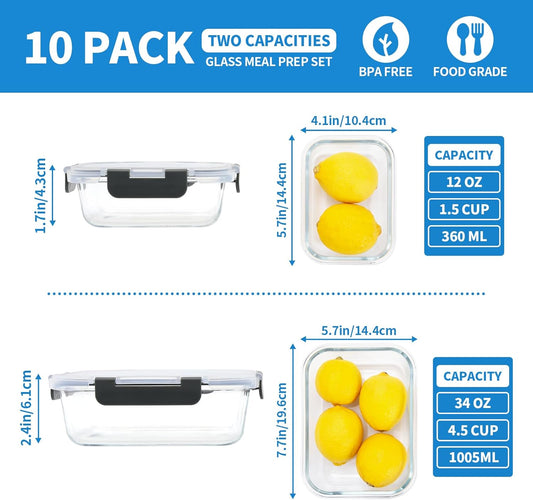 10-Pack Glass Food Storage Containers with Lids [Air-Tight,Leak-Resistant] Glass Containers for Food Storage, Meal Prep, Microwave, Freezer, Dishwasher Safe