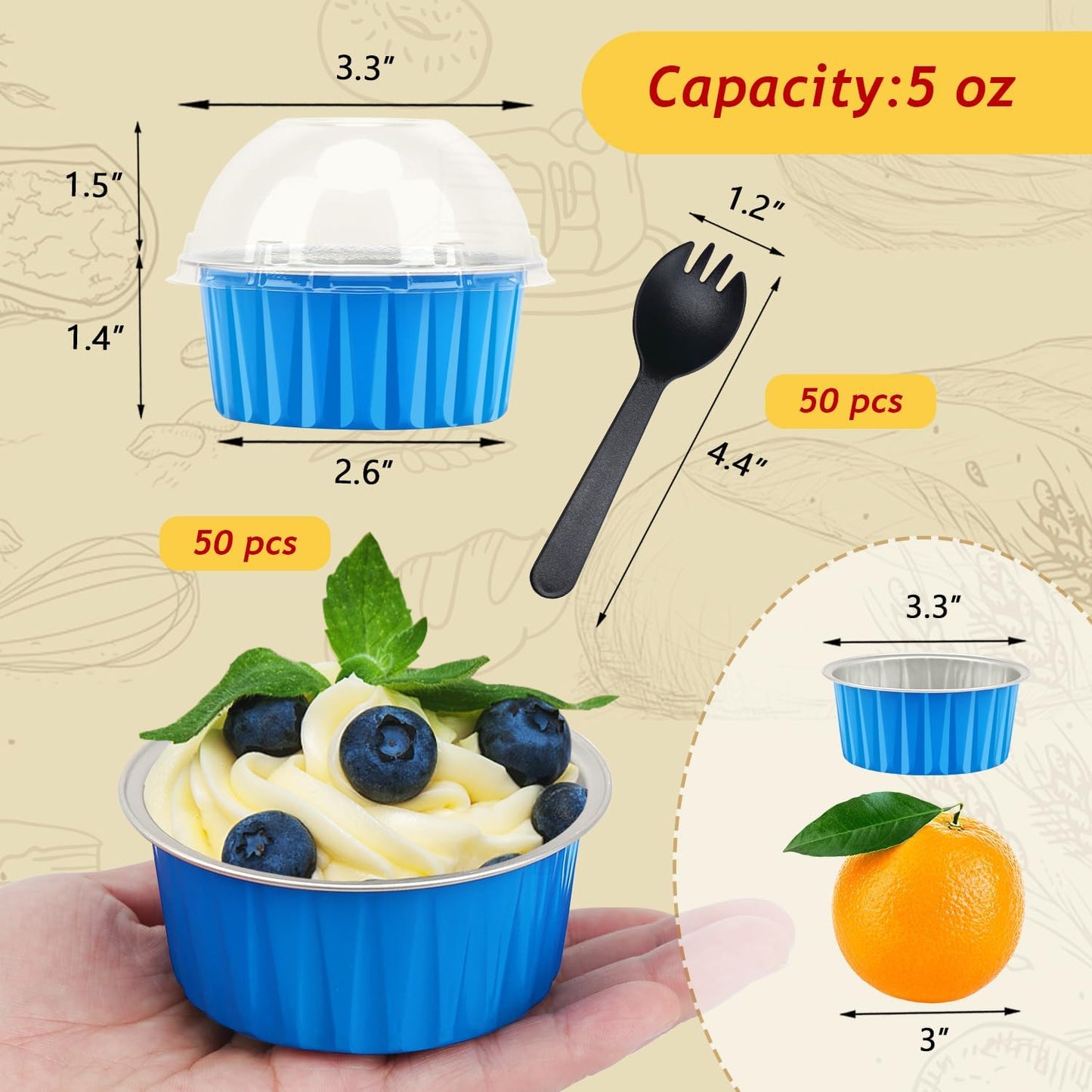 5oz Muffin Tins with Lids 50 Pack,Free-Air Aluminum Foil Cupcake Liners Baking Pans,Jumbo Muffin Liners Cupcake Pans,Disposable Ramekins Muffin Cups Containers-Blue