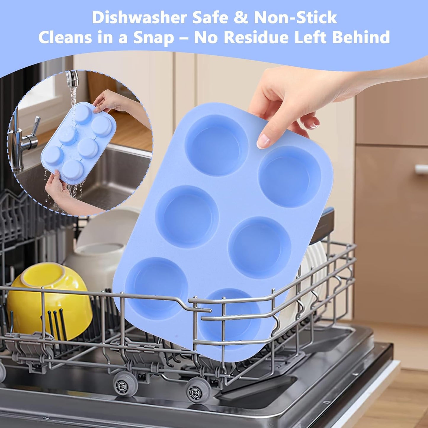 3-Pack 6-Cup Silicone Muffin Pans, Nonstick Cupcake Baking Molds, Muffin Cupcake Pans Molds for Baking, BPA/PFA-Free, Dishwasher & Oven Safe - Blue