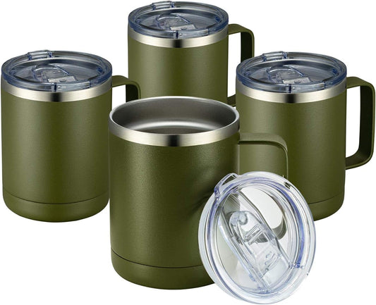 MEWAY 12oz Coffee Mug With Handle 4 Pack Bulk,Stainless Steel Insulated Travel Tumblers With Sliding Lid,Double Wall Vacuum Camping Cup for Hot & Cold Drinks Tea (Army Green,Set of 4)