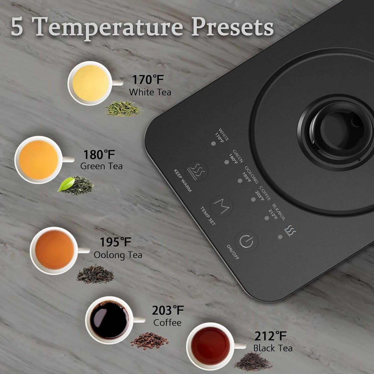 Gooseneck Electric Kettle,Ulcreigo Tea Kettle for Boiling Water, Temperature Control with 5 Variable Presets,Hot Water Boiler Heater for Pour Over Coffee, Keep Warm 2 Hours,304 Stainless Steel(Black)