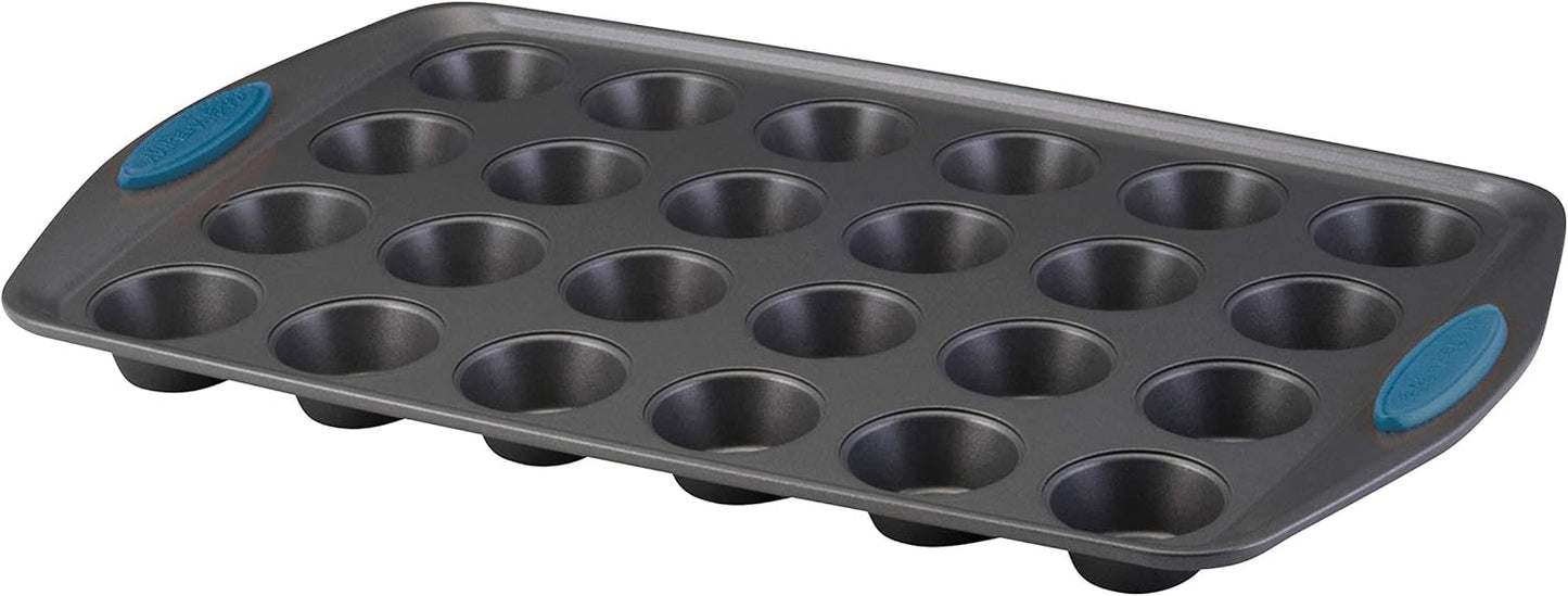 Rachael Ray Yum-o! Nonstick Mini Muffin & Cupcake Tin - 24 Cup, Gray with Marine Blue Grips