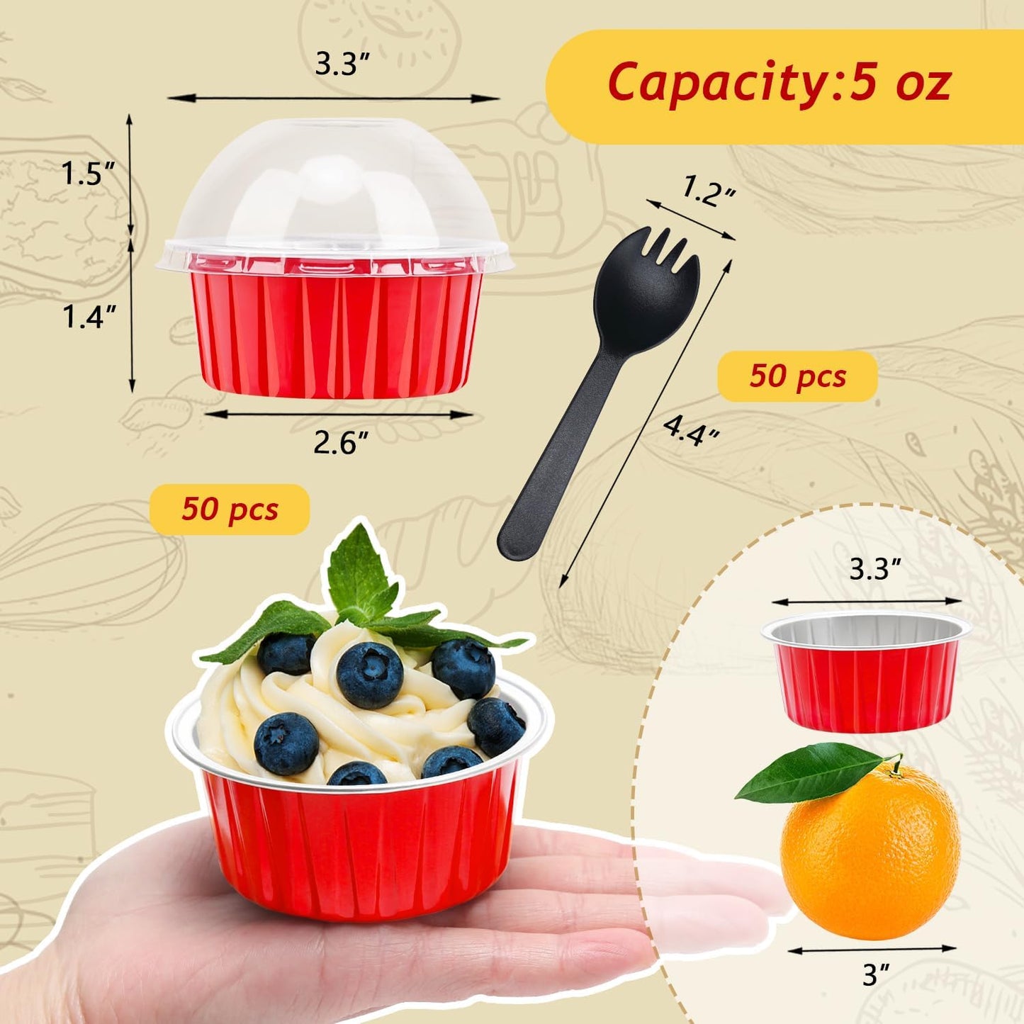 Red Cupcake Liners Muffin Tins 50 Pack,Free-Air 5oz Aluminum Foil Baking Cups with Lids,Disposable Ramekins Cupcake Pans,Jumbo Muffin Liners Cupcake Cups for Custard Mini Pie,with 50 Spoons-Red