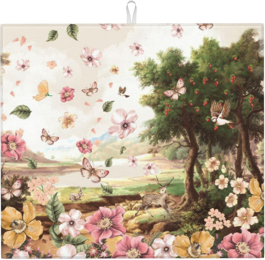 Retro Country Woods Deer Dish Drying Mat 16x18 Inch, Microfiber Absorbent Fast Dry Mat Flowers Butterfly Large Dish Mat Drying Kitchen Mat, Kitchen Drying Pad for Kitchen Counter Coffee Bar Decor