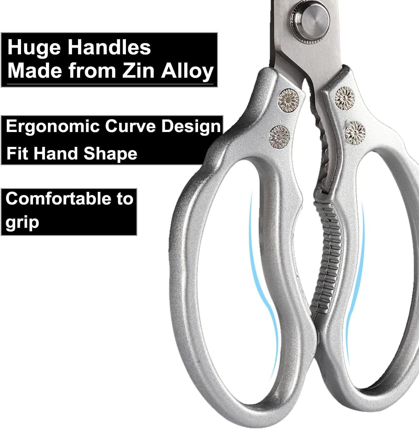 Heavy Duty Sharp Kitchen Scissors, Dishwasher Safe, Cooking Shears for Meat, Chicken, Fish, Poultry, Herb, Bread (Silver)
