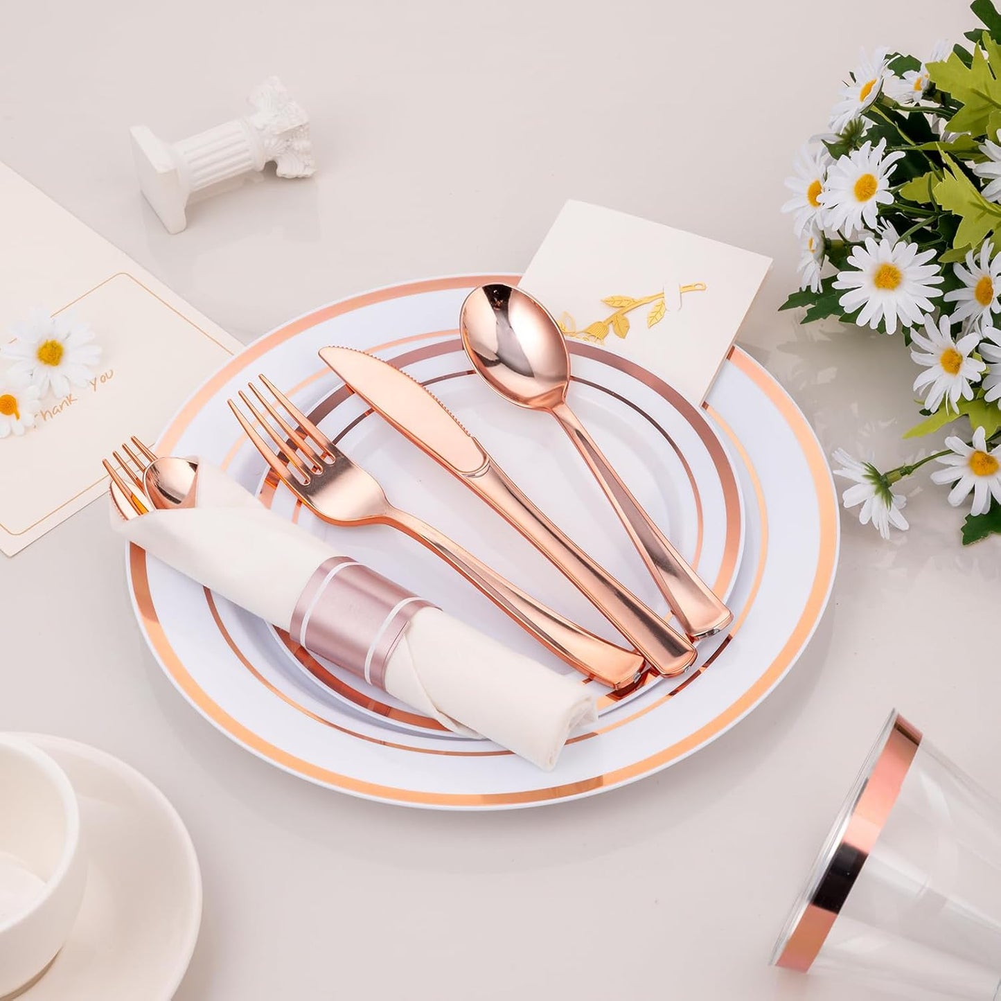 350 PCS White and Rose Gold Plastic Dinnerware Set for 50 Guests, 100 Plates for Party, 50 Pre Rolled Napkins with Gold Silverware, 50 Cups