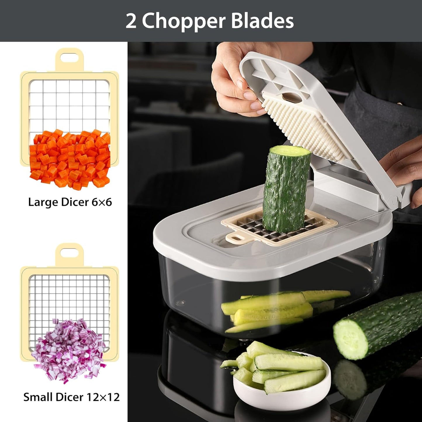 11-in-1 Mandoline Slicer for Kitchen, Food Chopper with Container, Vegetable Dicer Onion Slicer, Veggie Cutter for Fruit Salad Kitchen Gadgets Essential Tools (Beige)