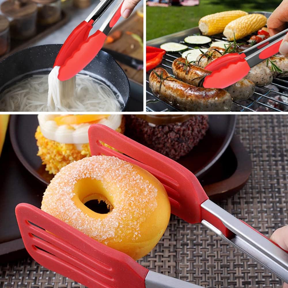 Mini Silicone Serving Tongs Set of 3, Small Kitchen Tongs (7 inch) with Silicone Tips and Stainless Steel Handle, Small Tongs for Steaks, Salads, Vegetables(Red)