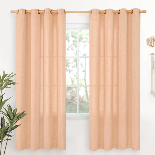 YoungsTex Peach Linen Curtains 72 Inches Long for Living Room, Coral Drapes Semi Sheer with Bronze Grommet Light Filtering Textured for Bedroom Dining Spring Decor, 52 x 72 Inch, 2 Panels