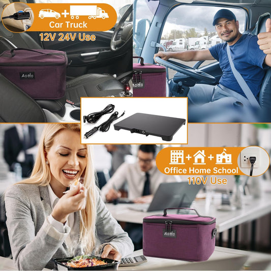 Aotto Portable Oven, Electric Lunch Box Food Heater - 12V/24V/110V 3-in-1 Car Food Warmer - Heated Lunch Box for Adults - Cook, Reheat & Keep Meals Warm for Vehicle, Travel, Work, Home - Deep Purple