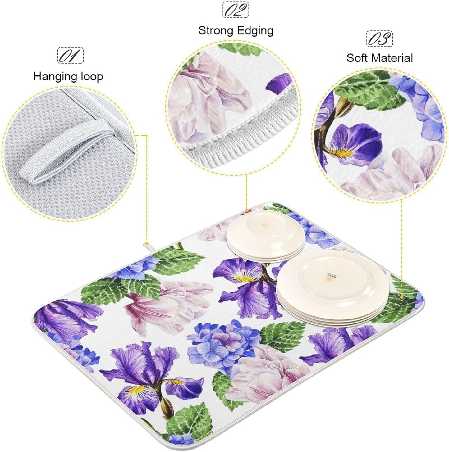 Watercolor Flowers and Hydrangeas Dish Drying Mat Super Absorbent Drying Mat 18x24 inch Large Dish Drying Mats for Kitchen Counter Dish Drying Pads Kitchen Drying Matt for Countertop