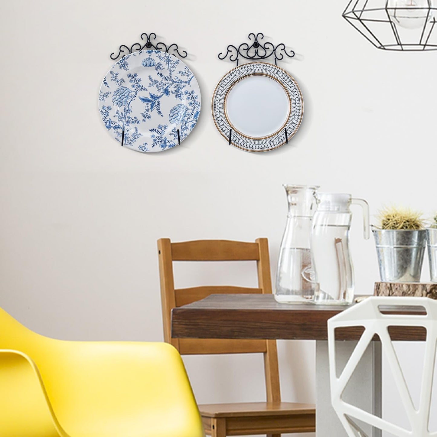 MyGift Vintage Scrollwork Black Metal Hanging Plate Holder, Set of 2 – Wall-Mounted Plate Display Rack for Collectible Plates & Platters – Holds Up to 8-Inch Plates