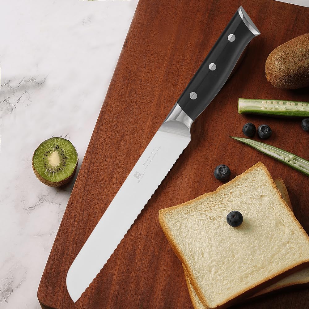 8 Inch Bread Knife Home Cooking Chef Gifts for Women Men: A Wide Wavy Edge Serrated Knife with an Upgraded Stainless Steel Razor Sharp Black Handle - for Delicious Homemade Bread, Bagels, and Cake.