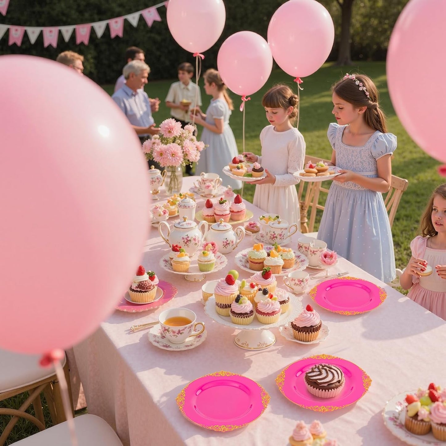 125PCS Hot Pink Plastic Plates - Pink Disposable Plate - Elegant Party Plates with Gold Plastic Silverware Sets for 25 Guests for Party & Birthday & Baby Shower