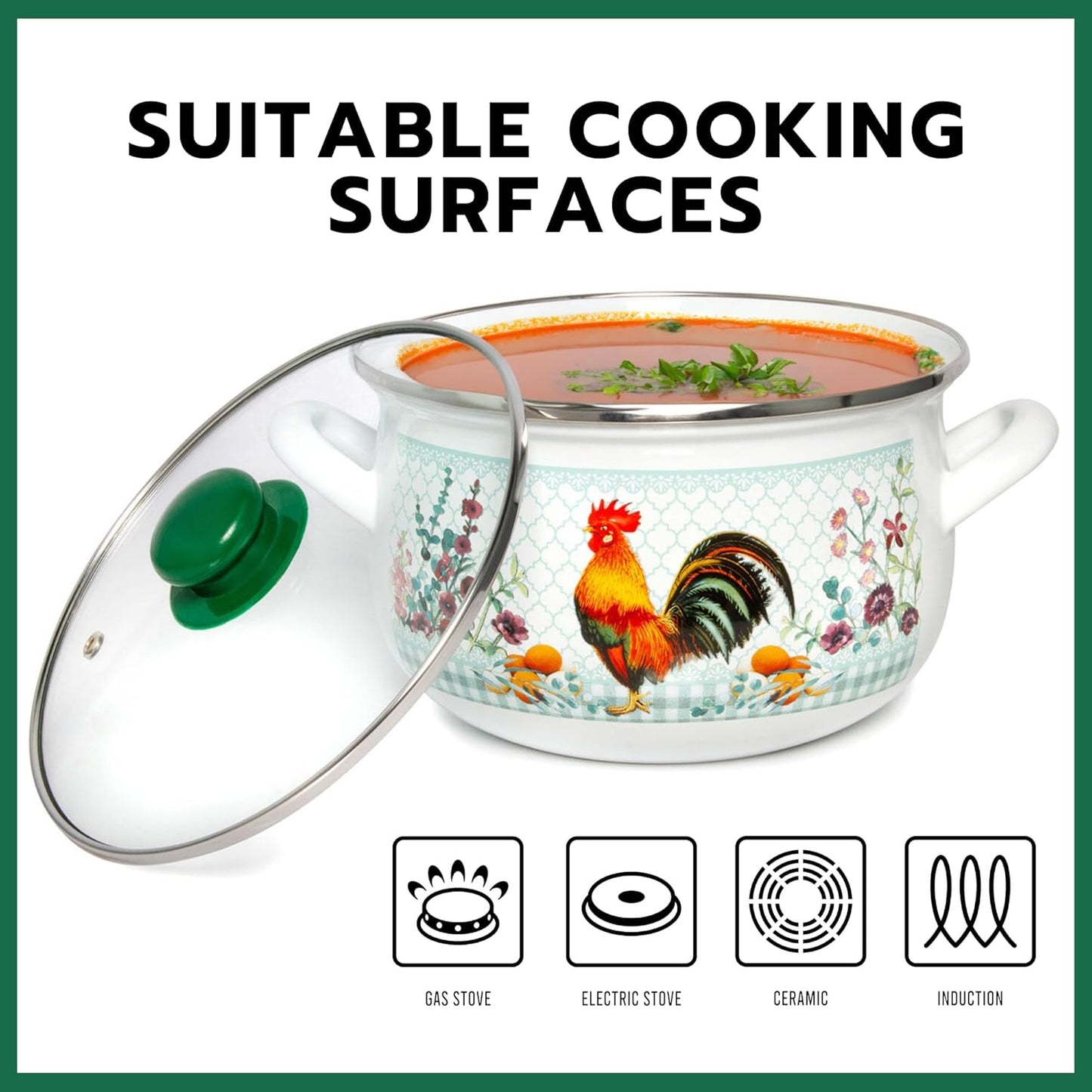 Enameled Aluminum Soup Pot Golden Rooster Belly Deep Casserole Cooking Pot with Glass Lid Enameled Camping Cookware Camping Stockpot for Cooking (2.2-qt. (2.1 L))