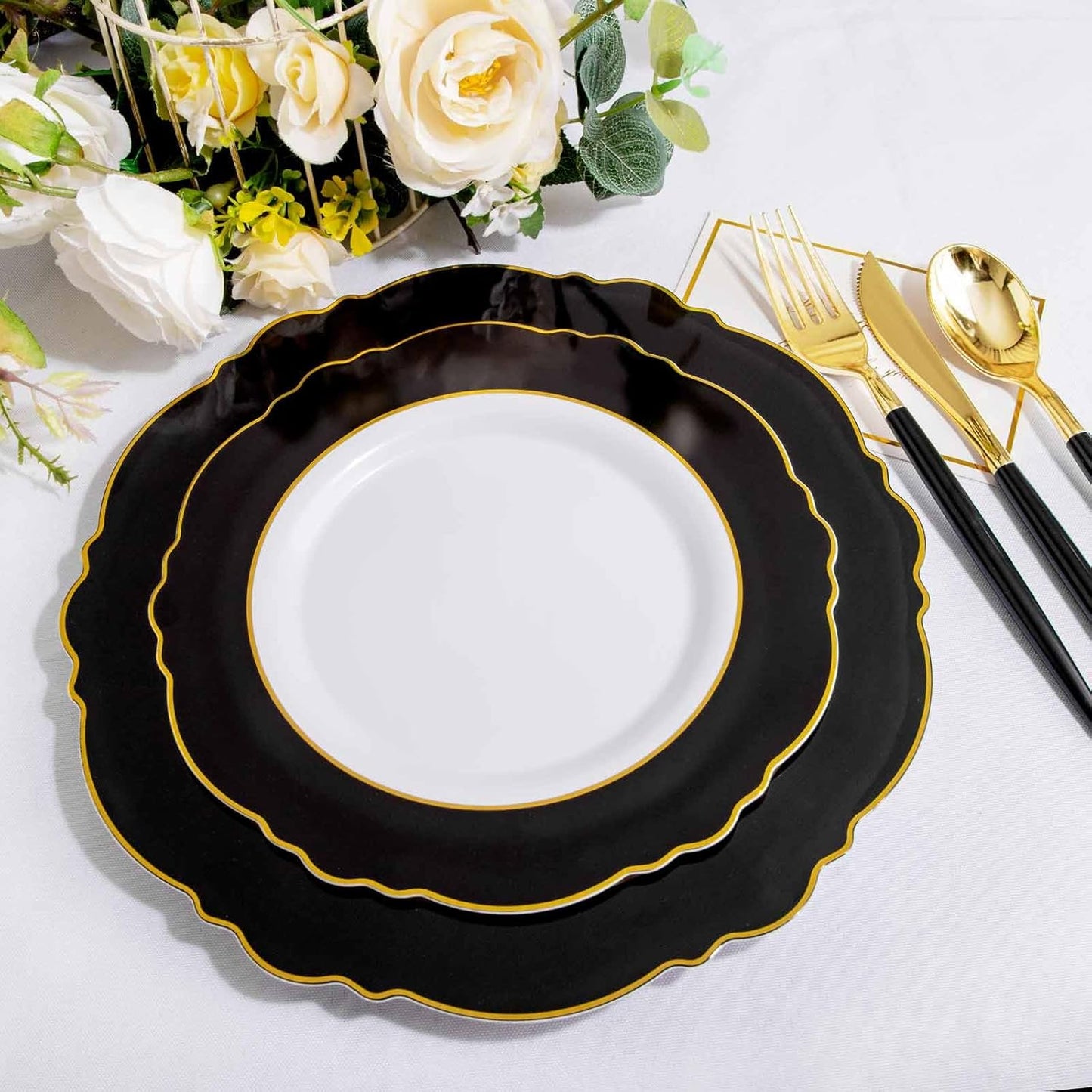 WDF 30Guest Black and Gold Plastic Plates - New Year Plates - Gold Plastic Silverware With Black Handle Baroque Black and Gold Disposable Dinnerware for Halloween & New Year &Parties