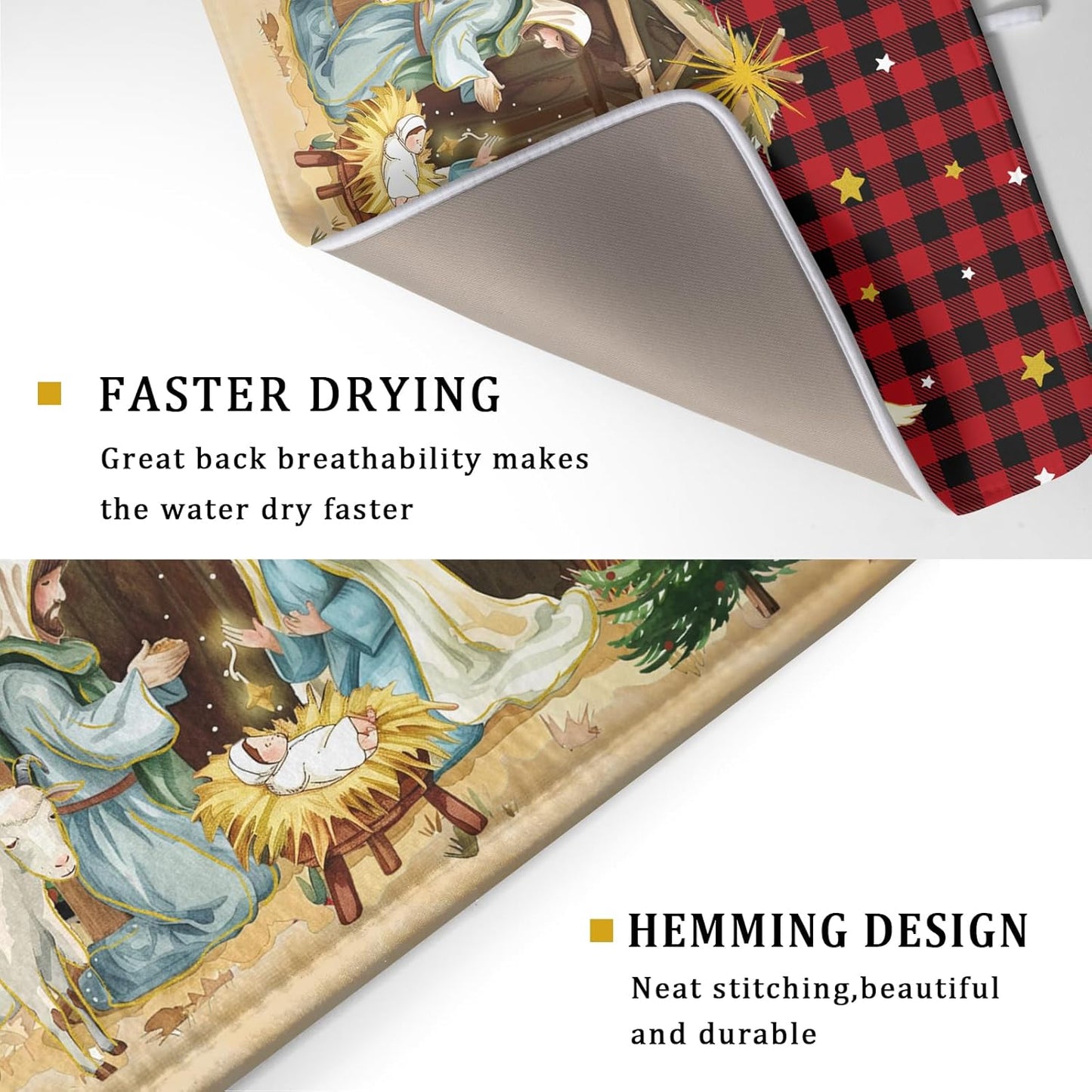 Xmas Dish Drying Mats 18x24 Inch, Red Black Vintage Buffalo Plaid Microfiber Absorbent Dishes Drainer Rack Tableware Protector Pad for Kitchen Counter Home Decor