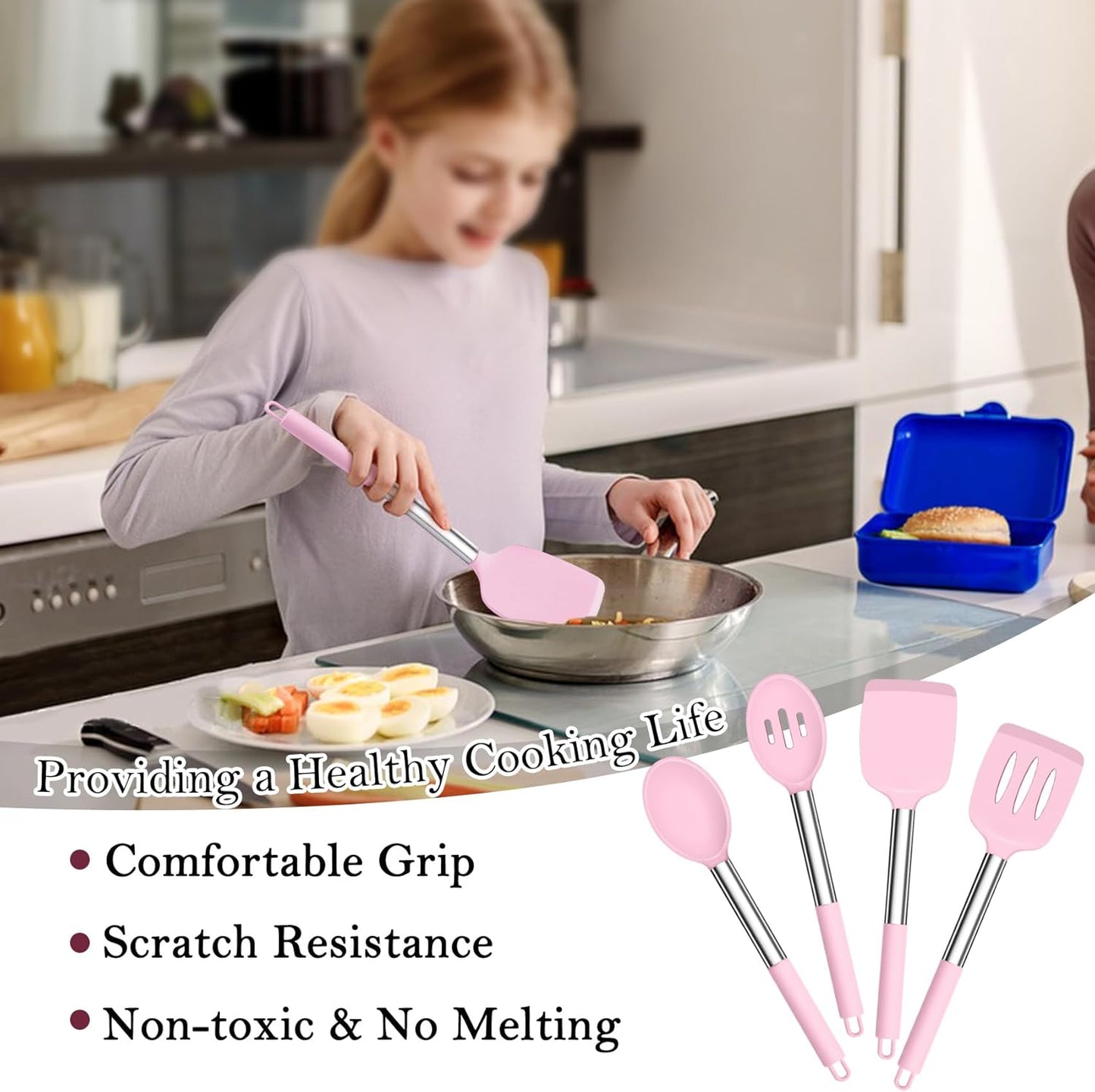 TeamFar Kitchen Utensils, 4 PCS Silicone Cooking Utensils Spatula Spoon Set with Stainless Steel Handle, for Frying Mixing Draining Turning, Healthy & Heat-proof, Non-stick & Dishwasher Safe - Pink