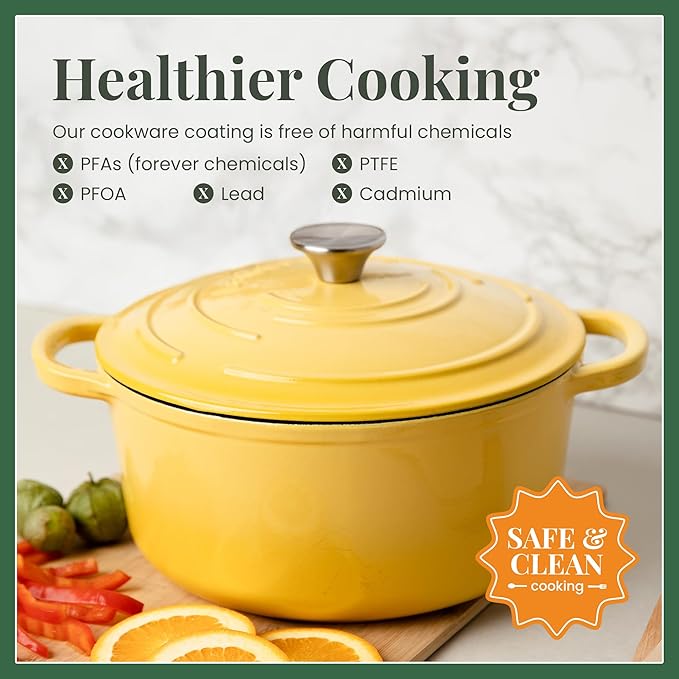 Larder & Vine Enameled Cast Iron 5.7qt Dutch Oven Pot with Lid | Bread Baking | Compatible on All Cooktops & Oven Safe to 500° F | Great for Sourdough Bread | Limoncello