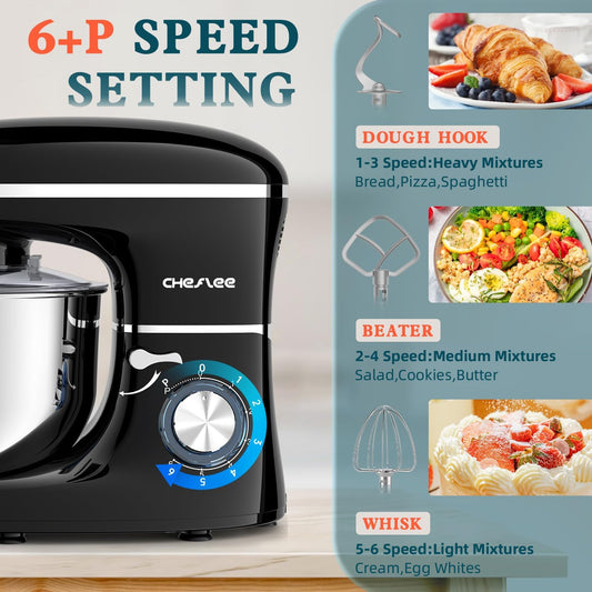 CHeflee Stand Mixer,660W 6+P With 6.5QT Stainless Steel Bowl,Dough Hook, Wire Whip & Beater,for Most Home Cooks,Black