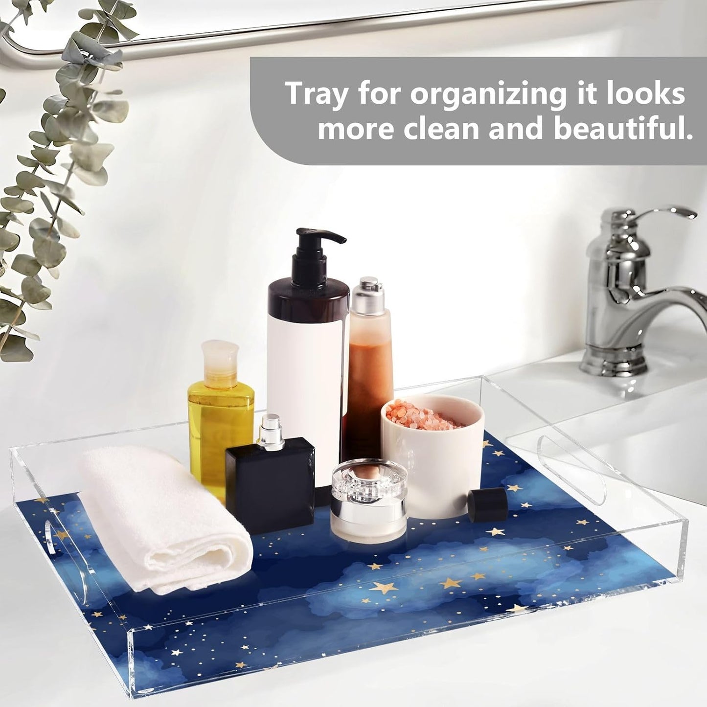 Acrylic Serving Tray with Handles Spill Proof Kitchen Storage Tray Clear Decorative Tray Makeup Drawer Organizer Storage Tray for Bathroom Living Room Ottoman 15.7x11.8Inches