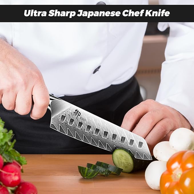 SHAN ZU Damascus Chef Knife Santoku Knife 7 Inch Professional Multifunction Kitchen Knives, 67 Layers Damascus Stainless Steel 10Cr15CoMoV Super Sharp Cooking Knife with G10 Handle/Gift Box