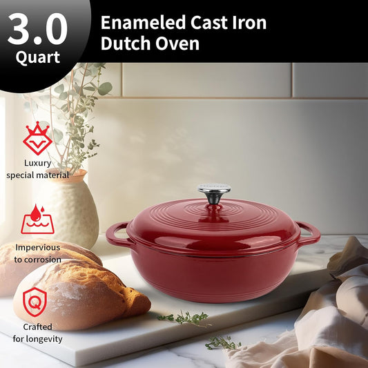 Enameled Cast Iron Dutch Oven Pot with Lid, 3 Quart Shallow Dutch Oven, Oven Safe up to 500° F, Suitable for Bread Baking, Braising, Roasting, Stews, Red