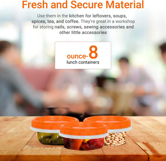 [Orange - 12 Pk] Airtight Deli Containers with Lids Twist Lock Top Clear Food Storage for Meal Prep Snacks and Leftovers Freezer and Microwave Safe Stackable Leak-Resistant and 12 Pc. Set (8 Ounce)