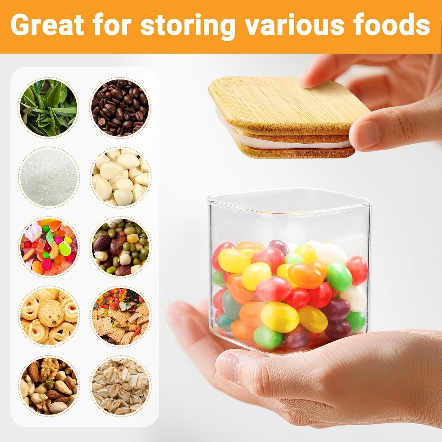 Square Glass Jars with Bamboo Lids Set of 2, 4 Fl.oz Small Glass Spice Jars with Airtight Lid, Stackable Sugar Coffee Containers Clear Food Storage Canister for Loose Tea, Jam, Seasoning