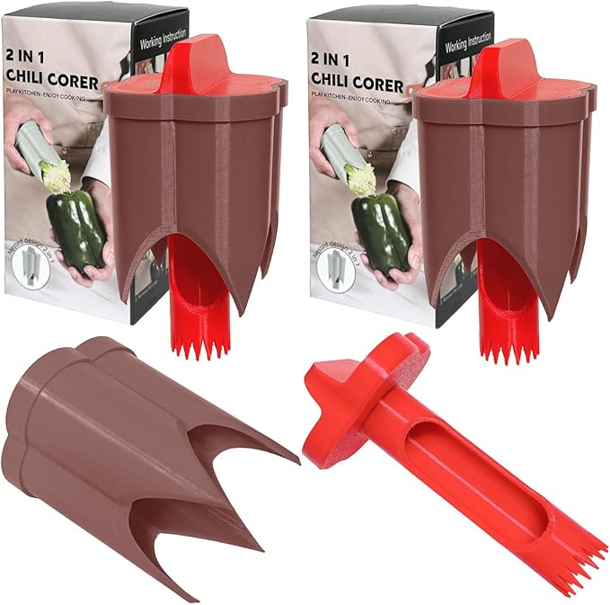 Pepper Corer, 2 in 1 Red Bell Pepper Seed Corer Remover Tool, Fruit & Vegetable Corers Quick Cave Tools for Jalapeno Cutter Deseeder, Red Brown, 2 PCS